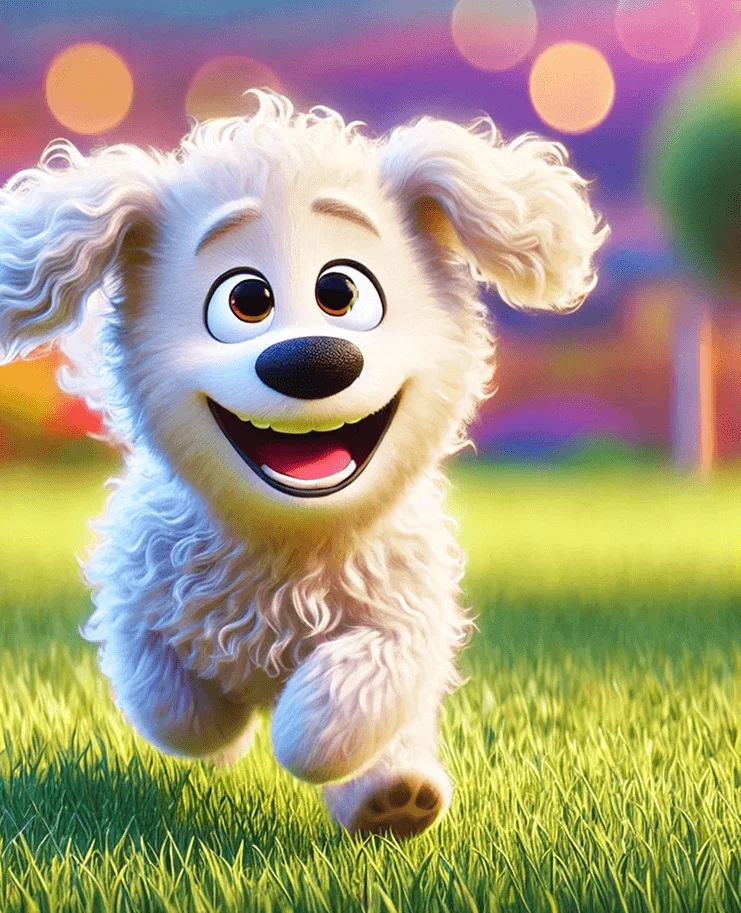 Cartoon-style fluffy white dog happily running on green grass with a colorful blurred background, representing The Scoop Ninjas’ joyful pet waste removal services in Northeast Ohio.