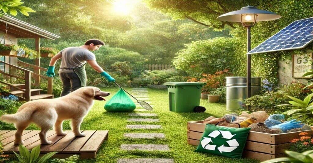 Responsible pet owner using a biodegradable bag to pick up dog waste in a park.