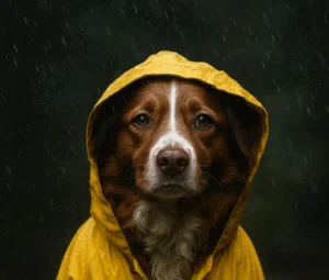 Australian Shepherd wearing a yellow raincoat standing in the rain during outdoor potty training
