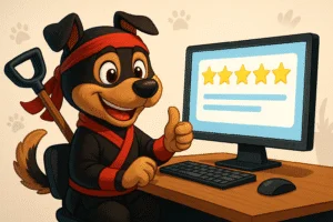 Cartoon-style illustration of a happy anthropomorphic dog holding a 5-star review sign, representing The Scoop Ninjas' top-rated pet waste removal services