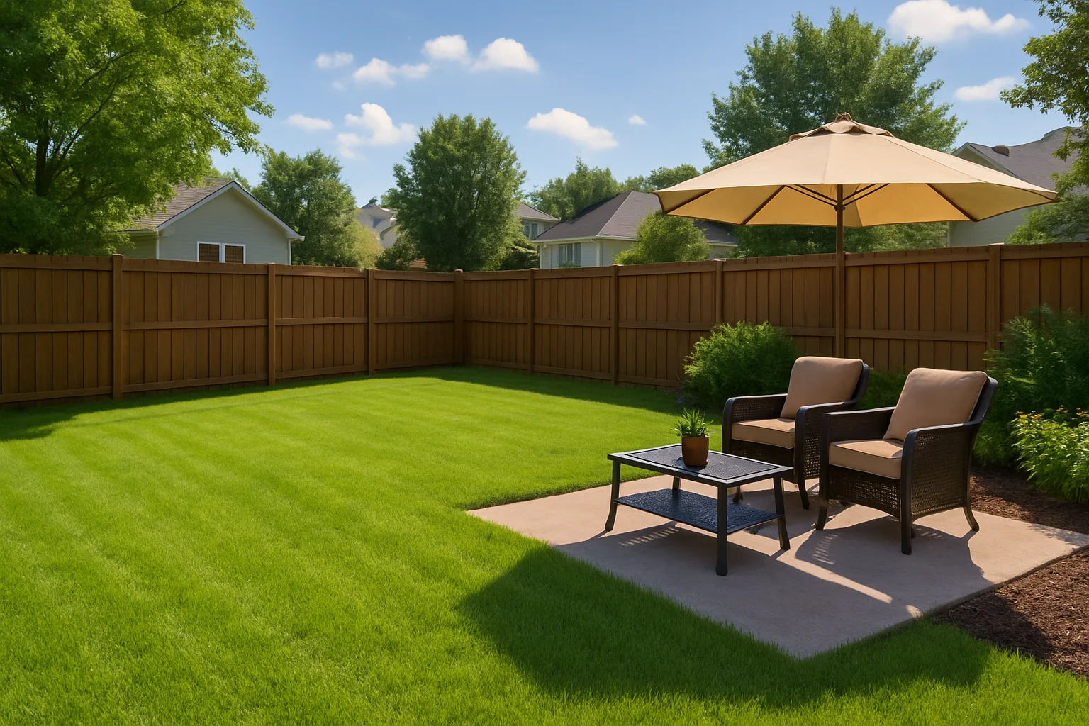 Clean suburban backyard in summer with patio furniture and no visible pet waste, showcasing the results of professional pet waste removal.