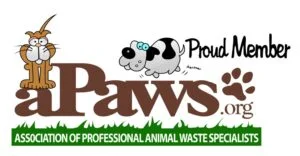 APAWS Proud Member badge featuring a cartoon dog and cat with 'aPaws.org' logo and the tagline 'Association of Professional Animal Waste Specialists' on green grass