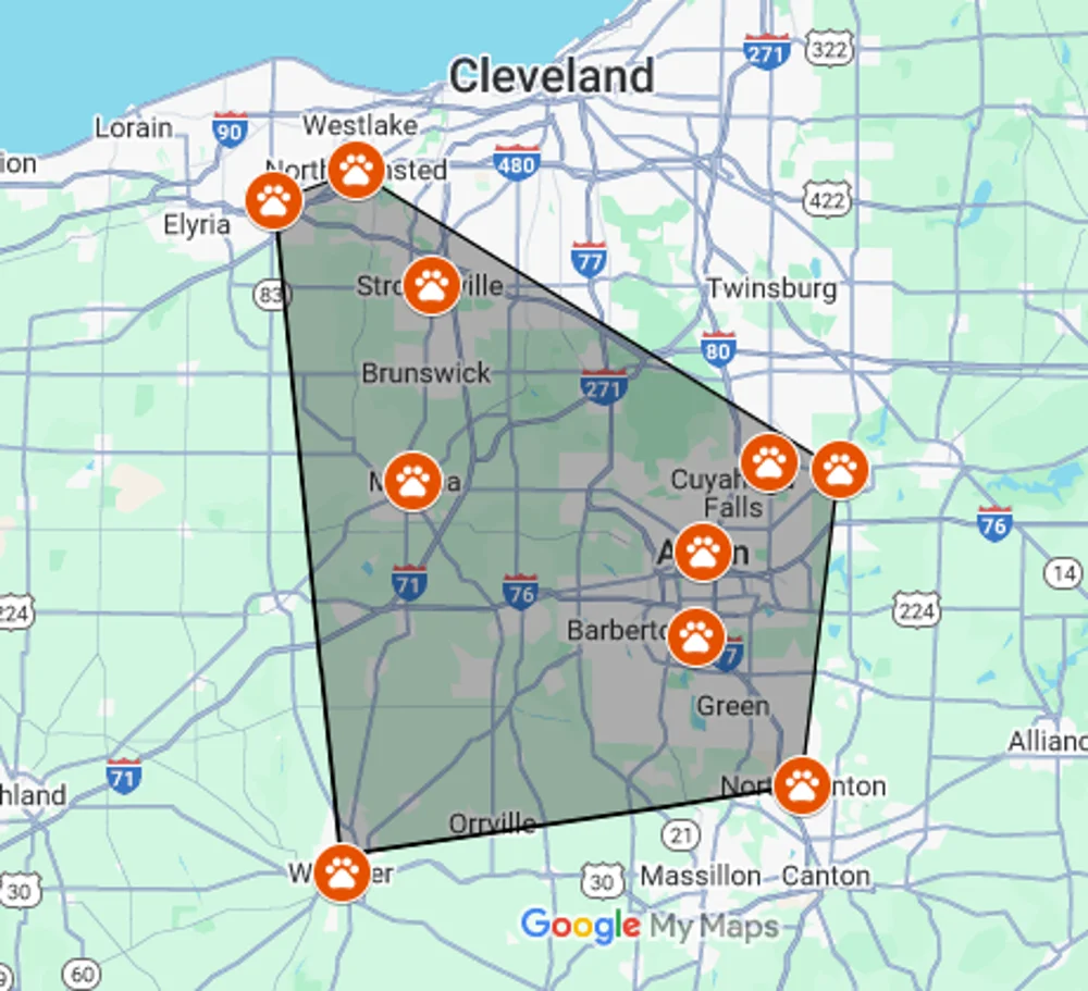 Service map for The Scoop Ninjas, Northeast Ohio's premier eco-friendly pooper scooper.