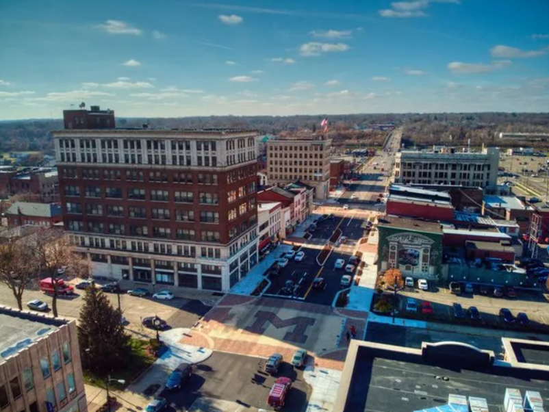 Aerial view of downtown Massillon, Ohio showing historic buildings, main street, and the iconic M intersection