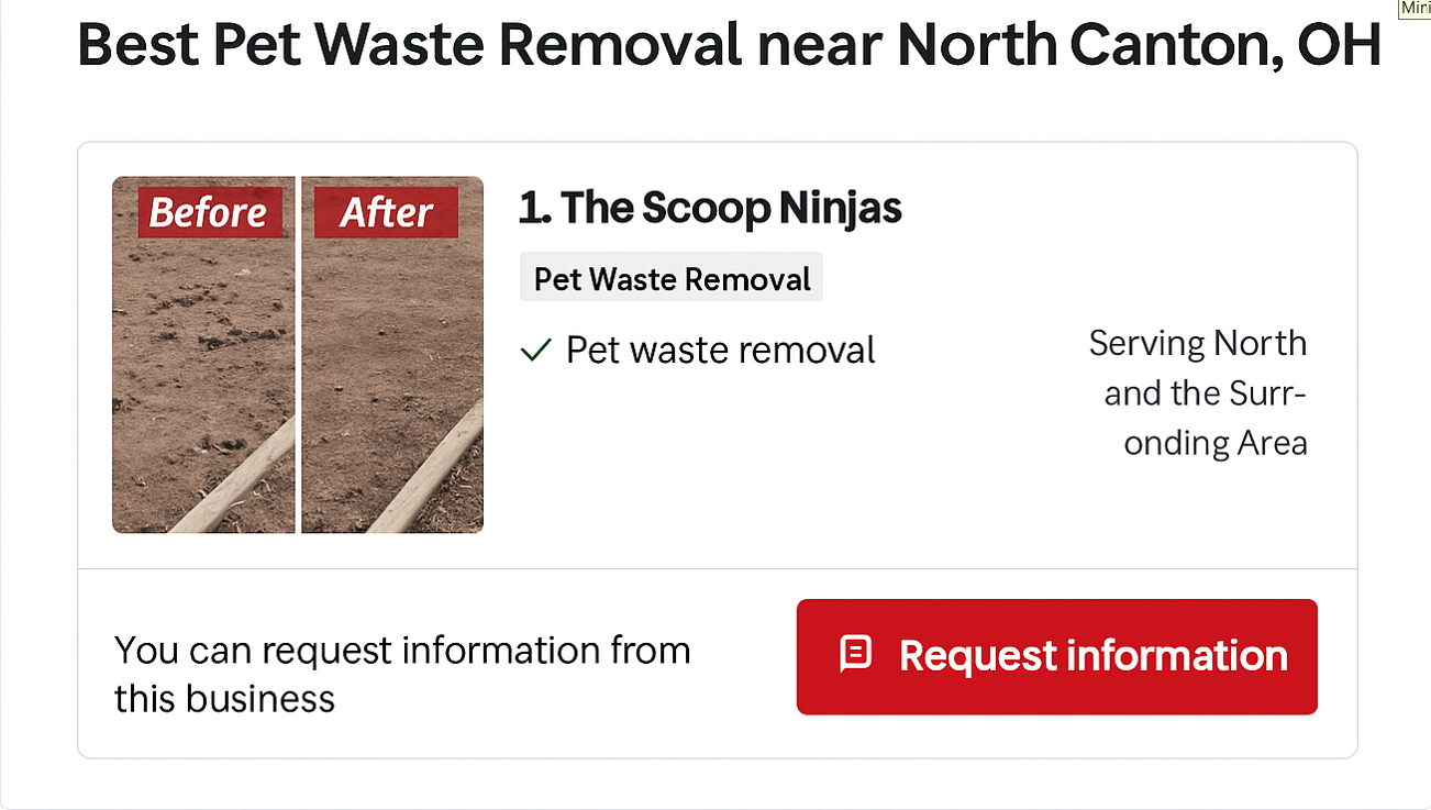 Yelp ranking showing The Scoop Ninjas as the #1 pet waste removal service near North Canton, OH