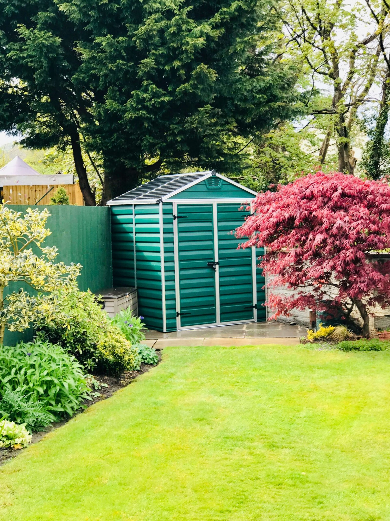 Pristine backyard with green grass and garden shed after professional dog poop removal service by The Scoop Ninjas in Northeast Ohio