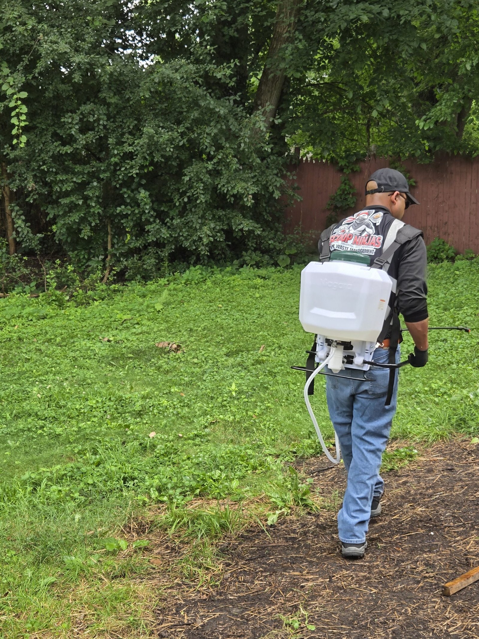 A Scoop Ninjas technician wearing a branded uniform and backpack sprayer deodorizes a green backyard, providing professional pet waste sanitation service.